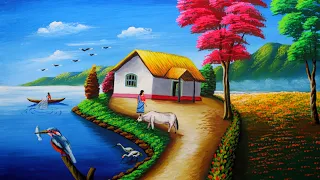 Simple village scenery drawing painting | easy paint with biswanath