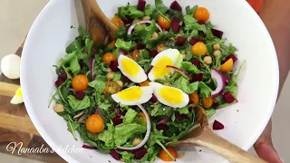 The most Satisfying + Healthy Salad Recipe -  Beets, Chickpeas, Greens, Egg, Tomatoes Salad