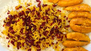 Zereshkpolo Ba Morgh, Persian Barberry Rice with saffron Chicken, زرشک پلو با مرغ