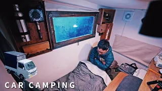[Winter car camping] Rain camping below freezing. Solo in winter mountains | Light truck camper |136