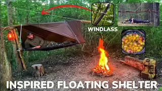 Solo Overnight Building a Mechanical Floating Shelter In The Woods and Kielbasa and Cheese Skillet