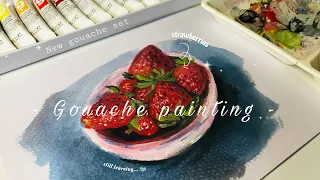 Gouache painting | How to paint Strawberries 🍓| with calming music 🎶