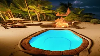 Escape to Paradise: Relaxing Tropical Resort Ambience with a Swimming Pool and Fireplace at Night