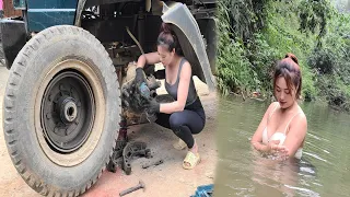 Genius girl repairs and replaces car parts, replaces cross balls