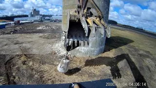 Demolition!!!!! Taking down a poured concrete silo with my Hitachi 270-5 and a wrecking ball!!!