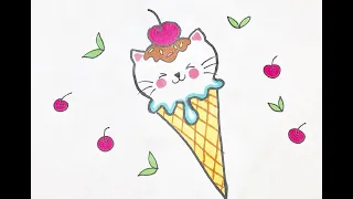 HOW TO DRAW A CUTE KITTY ICE CREAM FOR KIDS - FUN AND EASY