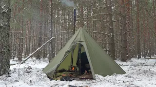 Tent with folding stove, Hot tent winter camping, Alone away from people in the cold woods