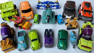 Big & Small Cars vs Massive Robot Transformers Flatbed - concrete truk, tank, tobot bumblebee toys!