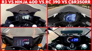 Ninja 400 VS Yamaha R3 VS RC 390 VS CBR250 RR | 0 TO 100 | TOPSPEED BATTLE !!!