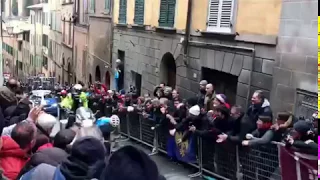 World Cycle Cross Champion Wout Van Aert falling off his bike with exhaustion Strade Bianche 2018