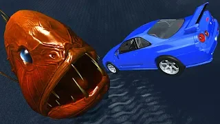 BeamNG.drive - Cars Jumping into Giant Fangtooth Fish Mouth (Open Mouth Carshes)