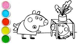 Peppa Pig and George pic playing a Hide_and_Seek game drawing and colouring for kids and toddlers