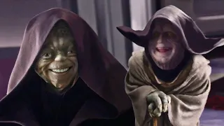 Yoda vs Palpatine but the voices have been swapped