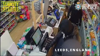 Leeds armed robbers raid stores on CCTV