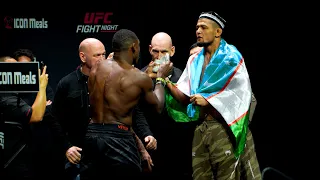 JOAQUIN BUCKLEY FLASHES MONEY IN THE FACE OF NURSULTON RUZIBOEV AT UFC ST LOUIS WEIGH INS