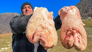 Cooking Lamb Tail Fat Under the Snow! UNUSUAL RECIPE | Village Family Cooking