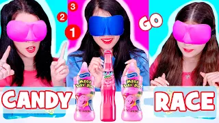 ASMR Candy Race with Closed Eyes | Eating Only One Color Food | Pink and Blue