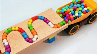 Marble Run Race ☆ HABA Slope & Retro Makita Truck, Garbage Truck, Excavator, Dump Truck, Ambulance