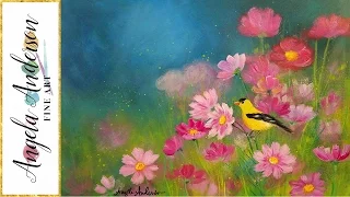 Simple Step by Step Landscape Acrylic Painting FIELD of FLOWERS with Bird LIVE Tutorial