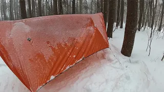 SOLO sub-zero winter catskills hammock hang in blizzard. Kelly Hollow during blizzard