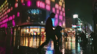 City rain at night. City street. Walking in the rain. Neon city. Neon city rain