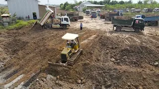 Amazing Best Landfill Project ,Bulldozer Pushing Soil Clearing Mud with 5Ton Truck Unloading Dirt