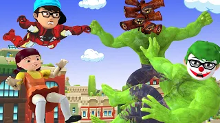 Nick IronMan vs Doll Squid Game Defeat Giant Siren Head Save NickHulk Joker - Scary Teacher 3D Funny