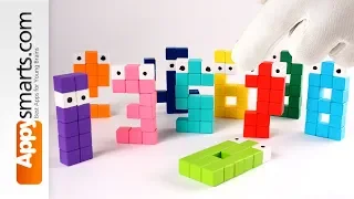 Playing with Numberjacks (numbers 0 to 9) made from construction cubes (crafts for kids)