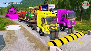 Double Flatbed Trailer Truck vs speed bumps|Busses vs speed bumps|Beamng Drive|489