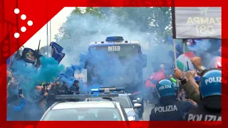 Inter campione, l'arrivo del bus dei nerazzurri al Meazza da diverse angolazioni