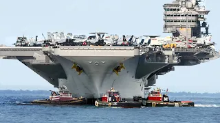 Tiny But Powerful Tugboats Pull US $13 Billion Aircraft Carrier From Port to Sea