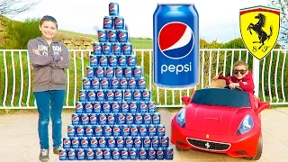 CRAZY PEPSI CHALLENGE vs MINI FERRARI PRANK ! 100 cans Pyramid !