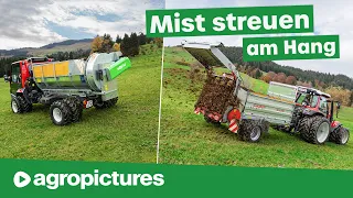 Mist streuen am Hang | Lindner Lintrac mit Gruber Miststreuer | Unitrac 122 mit Stöckl Seitenstreuer