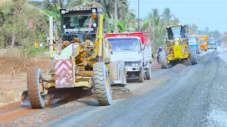 The Best Heavy KOMATSU, SDLG Motor Grader Pushing Gravel for Base Course Road Construction Technique