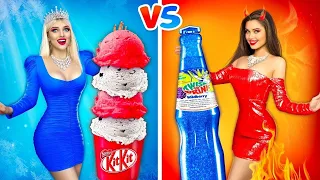 Desafío de alimentos CALIENTES vs FRÍOS || Lucha HIELO vs FUEGO, chica rica vs pobre por RATATA COOL