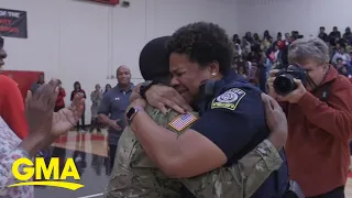 Army son surprises mom at high school pep rally after 2 years deployed | GMA Digital