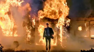 Lucifer walks out of an explosion