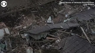 Ukrainian military released footage showing damaged buildings & infrastructure in Okhtyrka, Ukraine
