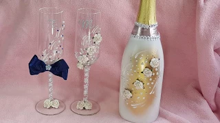 decorando copas,caja y botella para novios