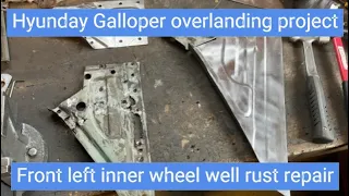 Front left wheel well rust repair with hand tools on an old 4x4 hyundai galloper