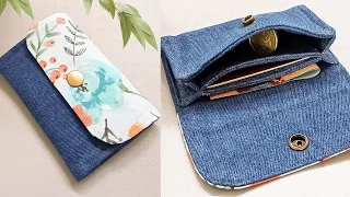 DIY Easy, Small and Simple Denim with Floral Fabric Wallet | Old Jeans Idea | Tutorial