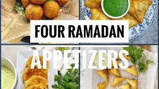 Four Ramadan Appetizers #samosa #cheesy potato balls #crispy keema samosas #eggplant pakota #baingan