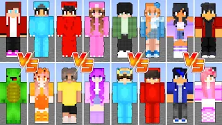Omz and Roxy, Cash and Nico, JJ and Mikey Maizen, Aphmau Aaron Ein in Minecraft Battle Tournament