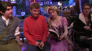 Flynn, Rapunzel, Tommy and Hannah chat after Tangled show Fantasy Faire Royal Theatre in Disneyland