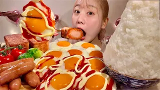 ASMR Fried Egg Spam Sausage【Mukbang/ Eating Sounds】【English subtitles】