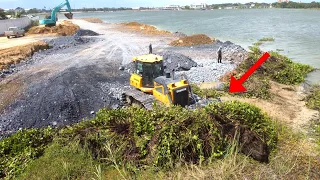 Part 5. Might heavy bulldozer SHANTUI DH17C2 pushing Rock into the mud and Dump truck dumping Stone