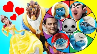 Beauty and the Beast Movie & Smurfs Spin the Wheel Game! Belle & Smurfette VS Gaston & Gargamel.