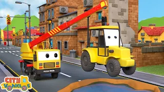 Construction Vehicles — crane, excavator, saw machine, cement truck build railway for train