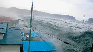 People run away: A huge tidal wave as a tsunami covered the city of Semarang, Java, Indonesia