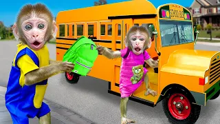 KiKi Monkey try to Take Care Of Baby quickly to catch School Bus in time | KUDO ANIMAL KIKI